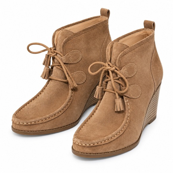Lucky Brand Shoes - Lucky Brand Yaney Tan Suede Wedge Booties Lace Up Tassel Ankle Boots Womens 8.5